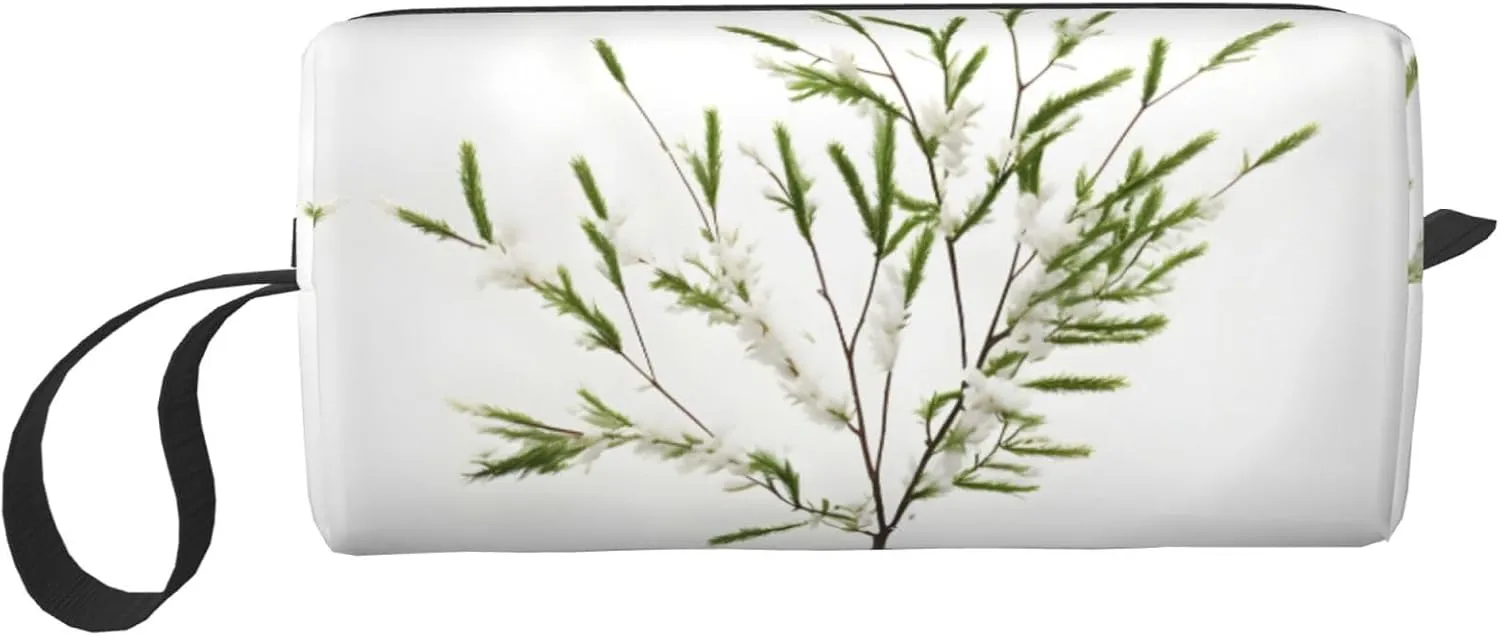 White Natural Plant Green Twig (1) print Multi-Purpose Cosmetic Bag with Zipper Canvas Makeup Bags, Travel Toiletry Pouch, Pencil Bags