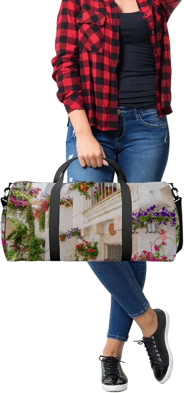 White Scenic Sight Little Town Sports Bag Tote Bag Waterproof Gym Bag with Shoulder Strap Zipper 2 Side Pockets for Men and Women, Travel and Storage Shoulder Bag.