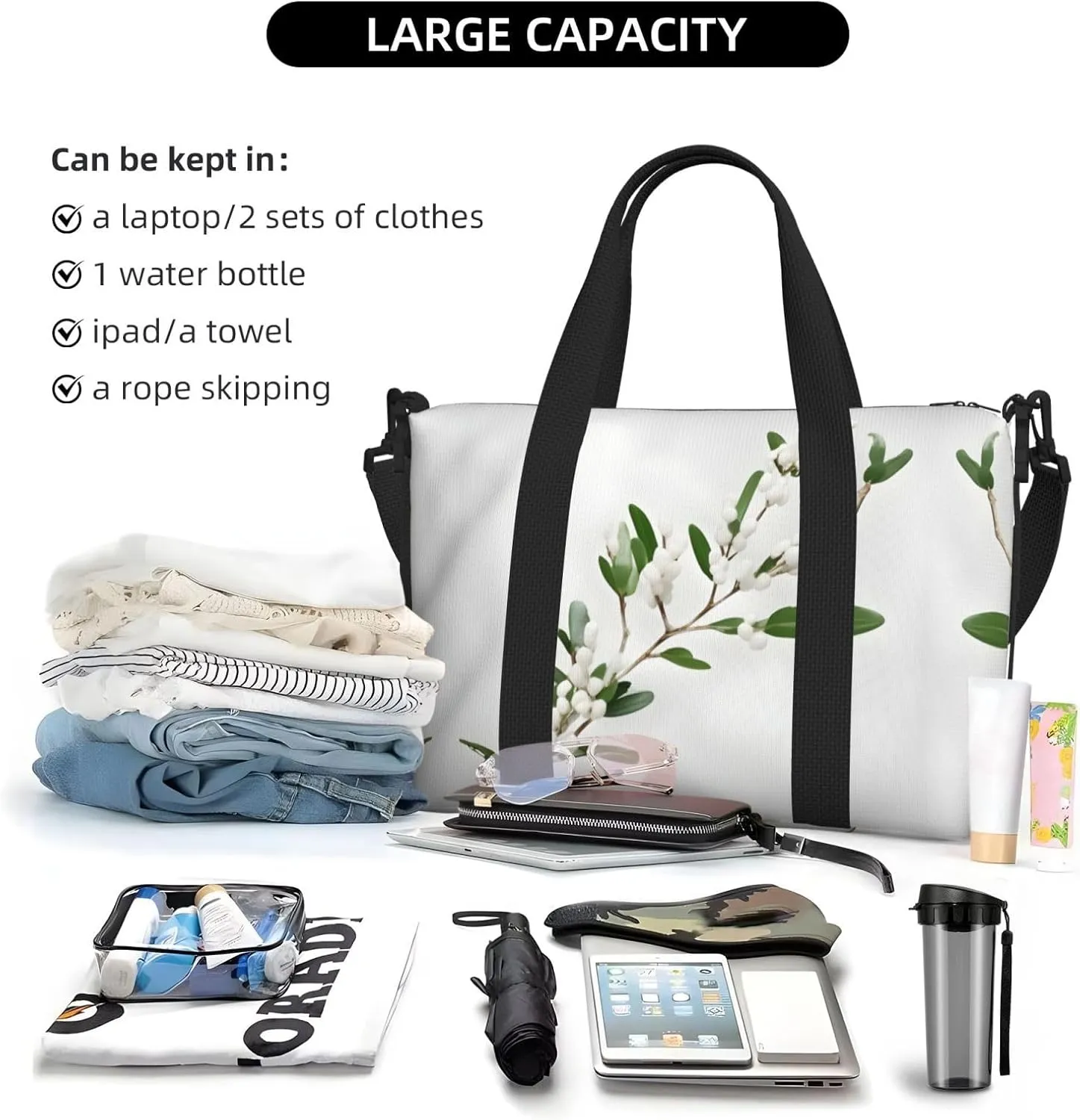 White Wild Green Twig Small Duffel Bag Foldable Travel Bag Weekender Bag Overnight Gym Hospital Bags For Women&Men