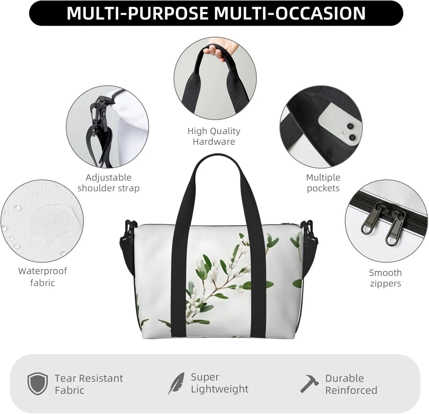 White Wild Green Twig Small Duffel Bag Foldable Travel Bag Weekender Bag Overnight Gym Hospital Bags For Women&Men