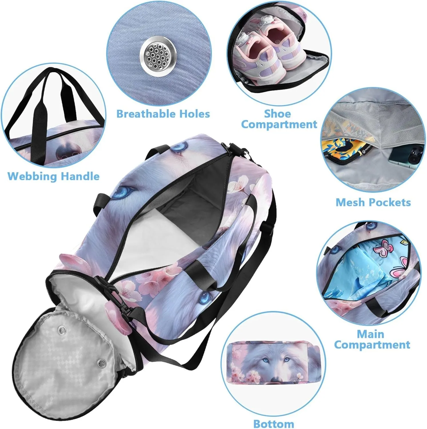 White Wolf Pink Cherry Blossom Carry on Duffel Bag Boy Weekend Duffel Overnight Girls Tote Duffle Bags Travel Kids Gym Duffle