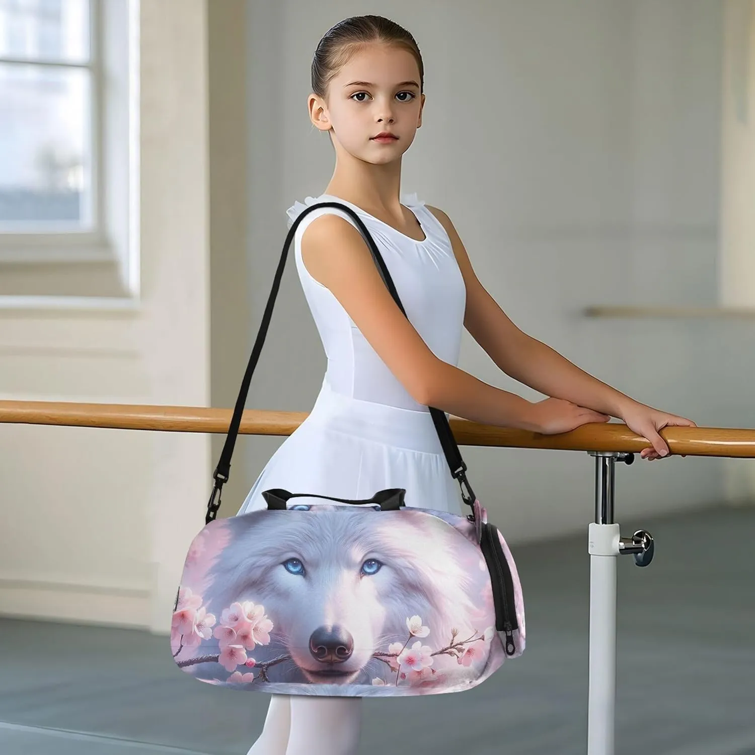 White Wolf Pink Cherry Blossom Carry on Duffel Bag Boy Weekend Duffel Overnight Girls Tote Duffle Bags Travel Kids Gym Duffle