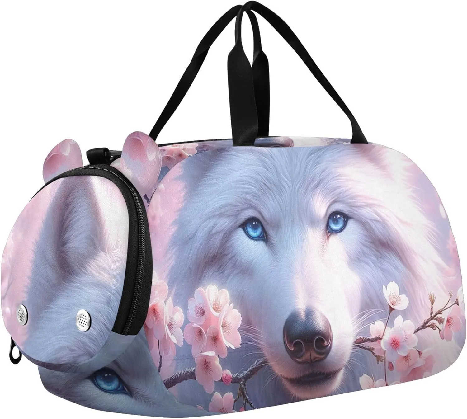 White Wolf Pink Cherry Blossom Carry on Duffel Bag Boy Weekend Duffel Overnight Girls Tote Duffle Bags Travel Kids Gym Duffle