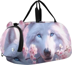 White Wolf Pink Cherry Blossom Carry on Duffel Bag Boy Weekend Duffel Overnight Girls Tote Duffle Bags Travel Kids Gym Duffle