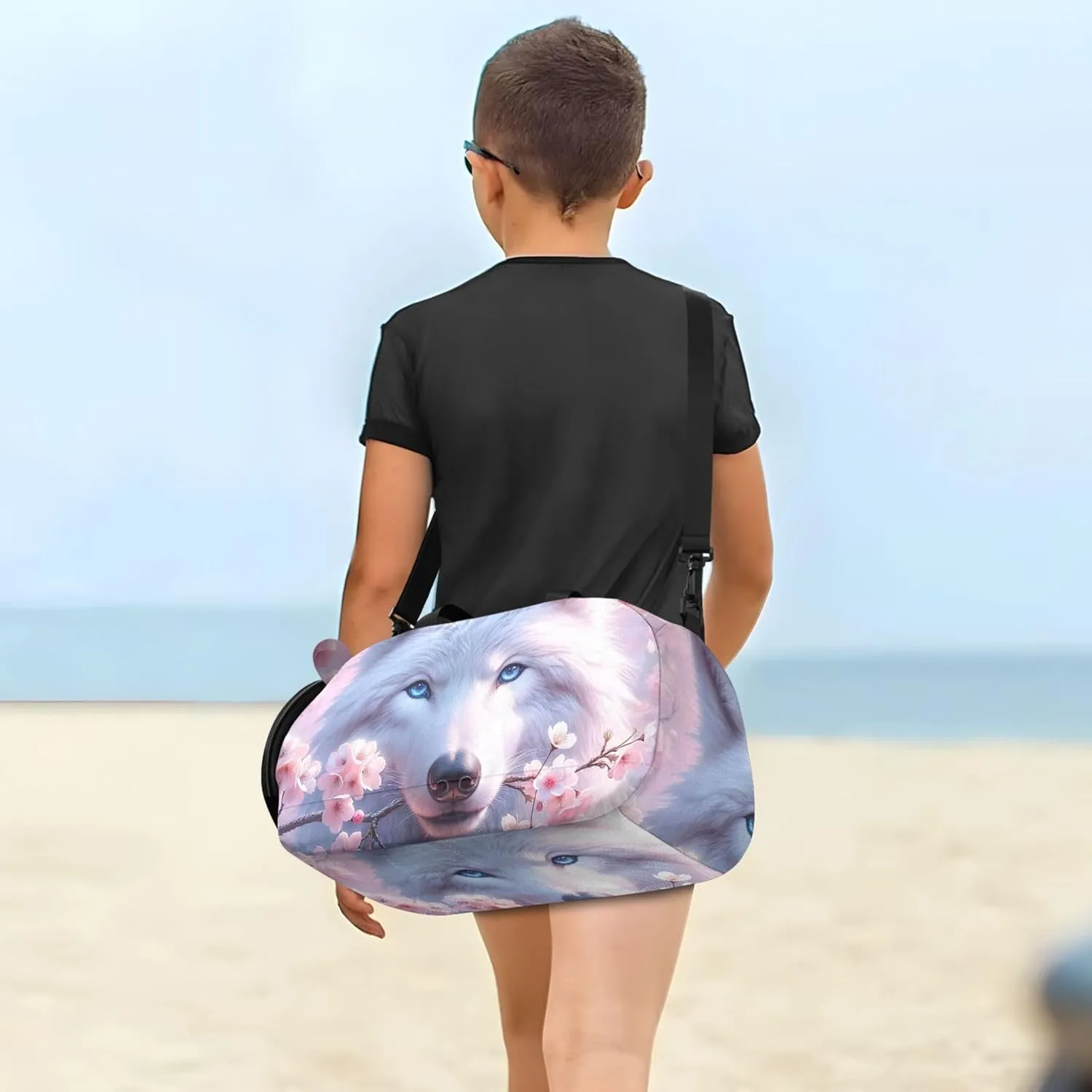 White Wolf Pink Cherry Blossom Carry on Duffel Bag Boy Weekend Duffel Overnight Girls Tote Duffle Bags Travel Kids Gym Duffle