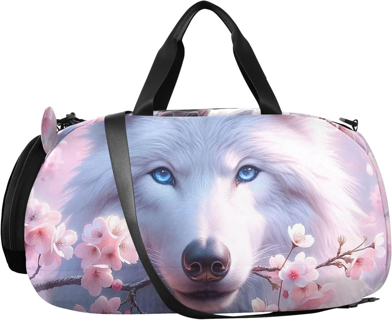 White Wolf Pink Cherry Blossom Carry on Duffel Bag Boy Weekend Duffel Overnight Girls Tote Duffle Bags Travel Kids Gym Duffle
