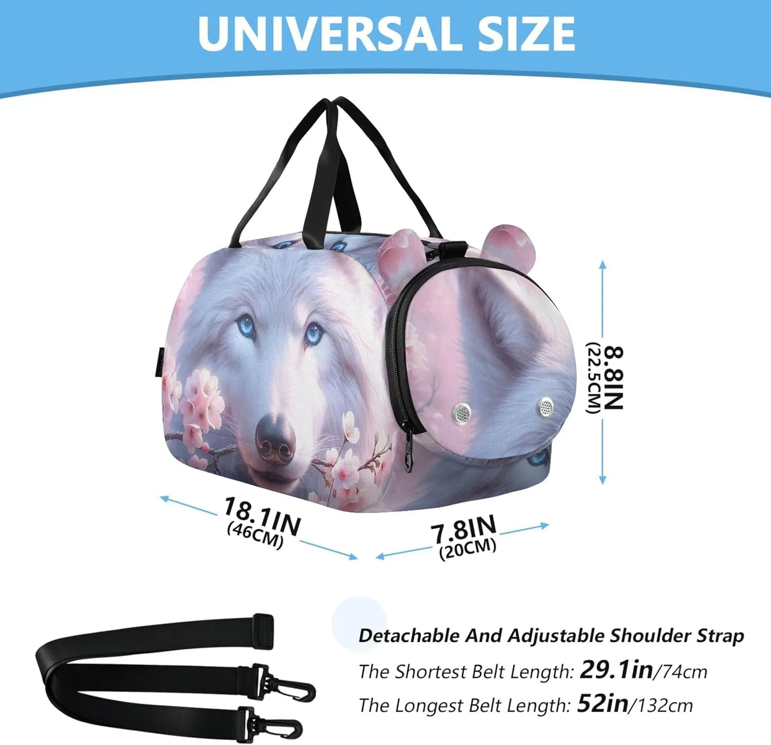 White Wolf Pink Cherry Blossom Carry on Duffel Bag Boy Weekend Duffel Overnight Girls Tote Duffle Bags Travel Kids Gym Duffle