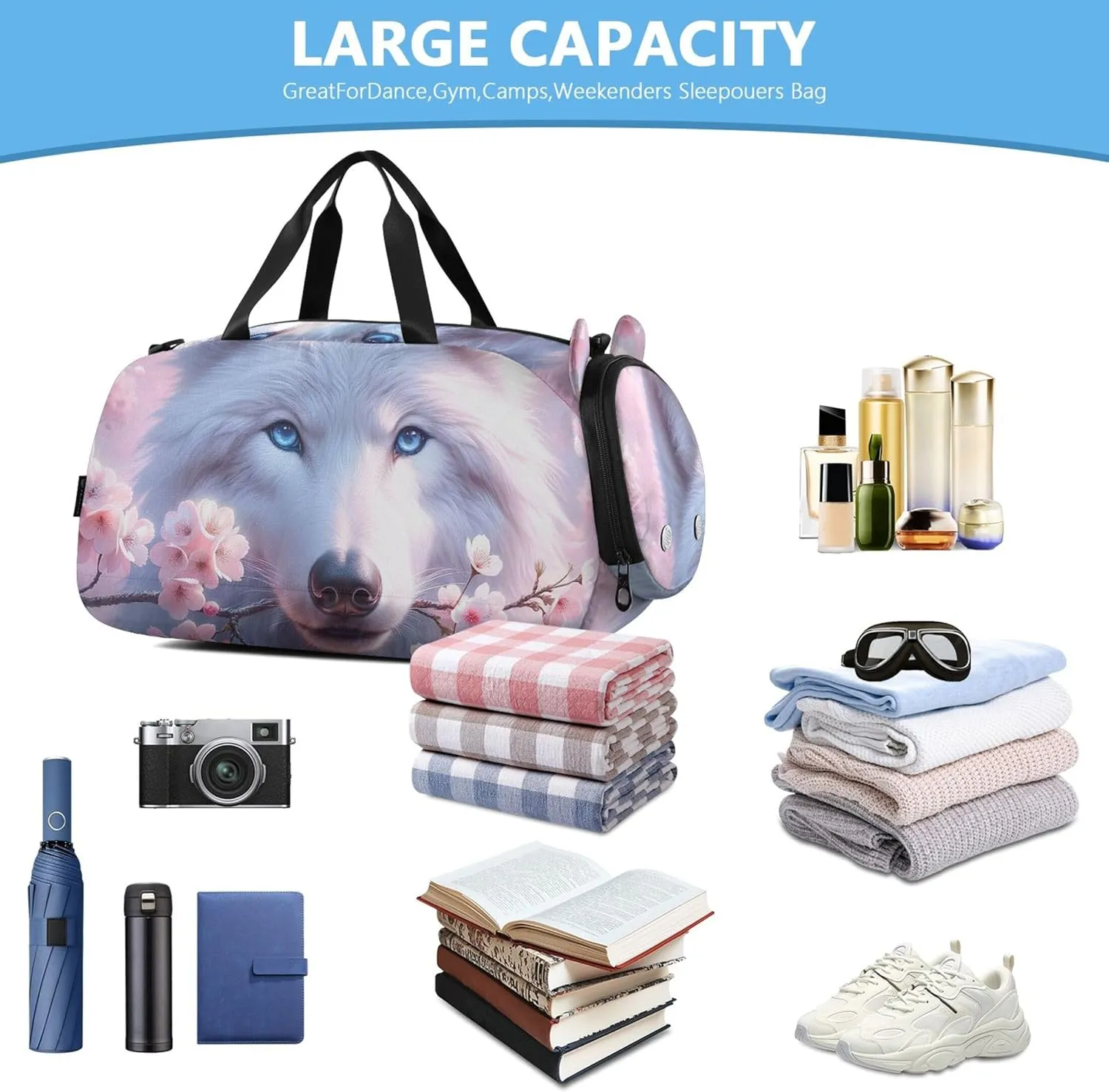 White Wolf Pink Cherry Blossom Carry on Duffel Bag Boy Weekend Duffel Overnight Girls Tote Duffle Bags Travel Kids Gym Duffle