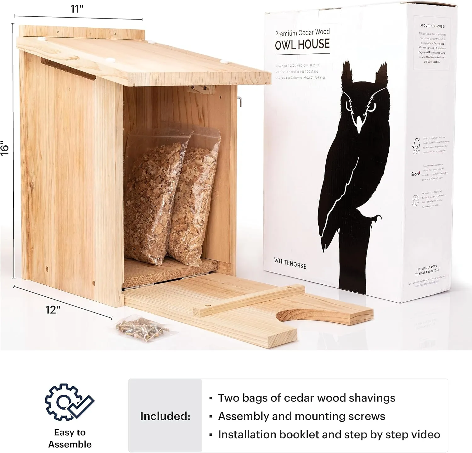 WHITEHORSE Large Cedar Owl House - Premium and Weatherproof Design - 16" x 12" x 11" - A Nesting Box for Screech Owls, Boreal, Northern Pygmy, Saw-whets, Elf, Flammulated, Kestrel and Others