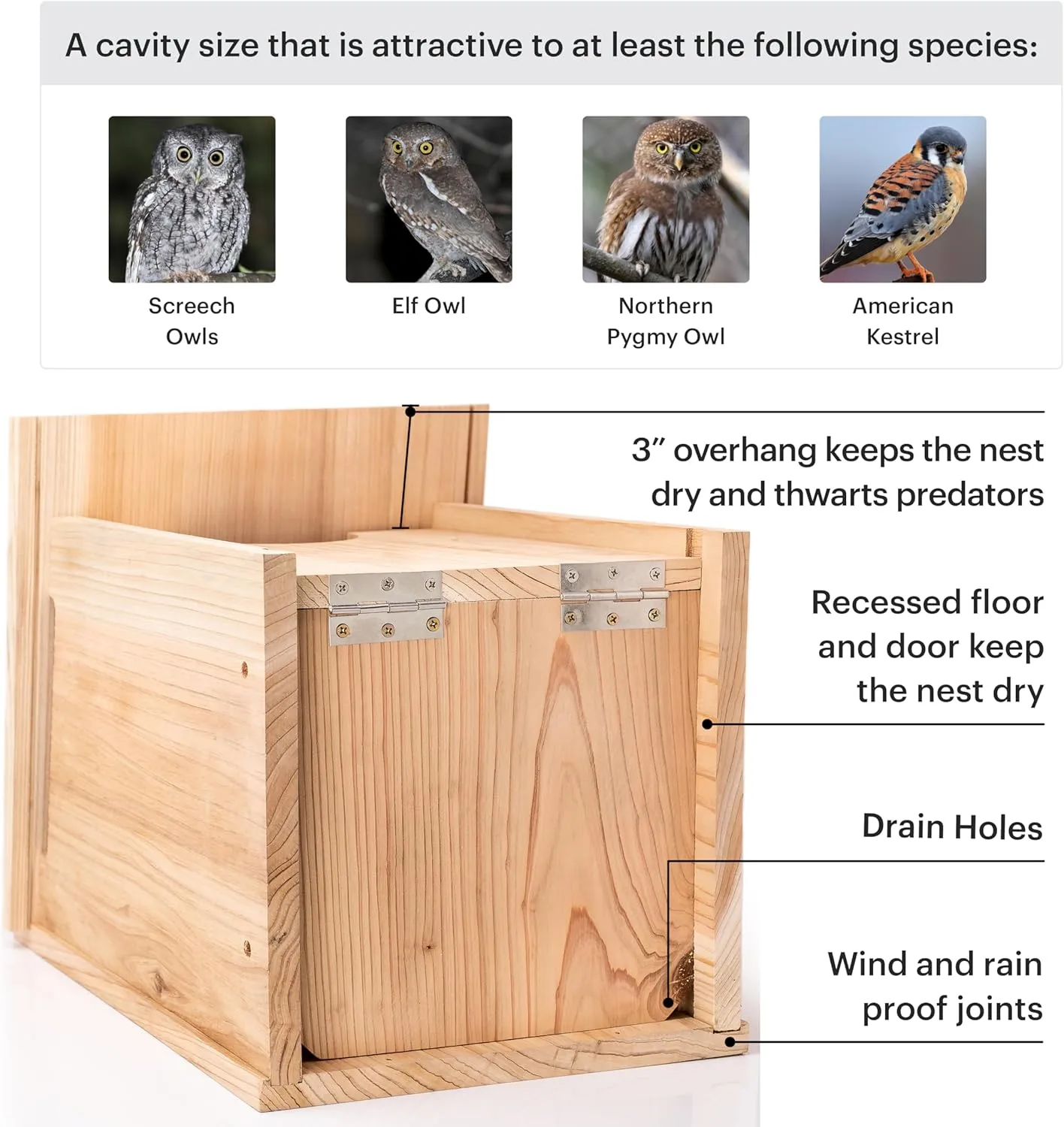 WHITEHORSE Large Cedar Owl House - Premium and Weatherproof Design - 16" x 12" x 11" - A Nesting Box for Screech Owls, Boreal, Northern Pygmy, Saw-whets, Elf, Flammulated, Kestrel and Others