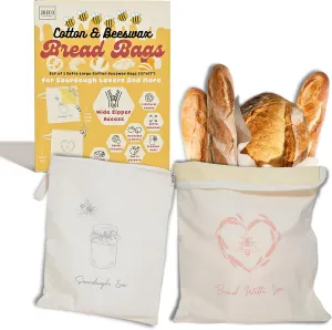 Wide Zipper Access Cotton & Beeswax Bread Bags for Sourdough (2 Pack) | Reusable Bread Bags for Homemade Bread | Cotton Beeswax Bags for Bread | XL Sourdough Storage | Beeswax Bags for Homemade Bread