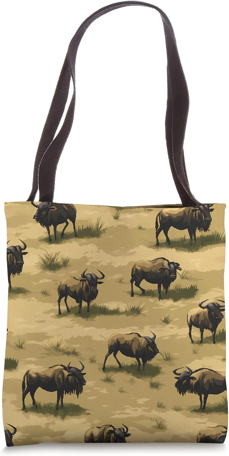 Wildebeest 8bit Animal Wildlife Pattern Tote Bag