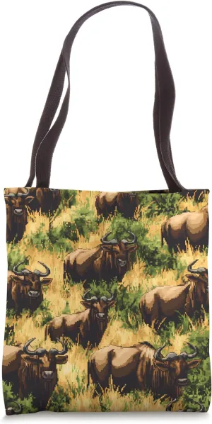 Wildebeest 8bit Animal Wildlife Pattern Tote Bag