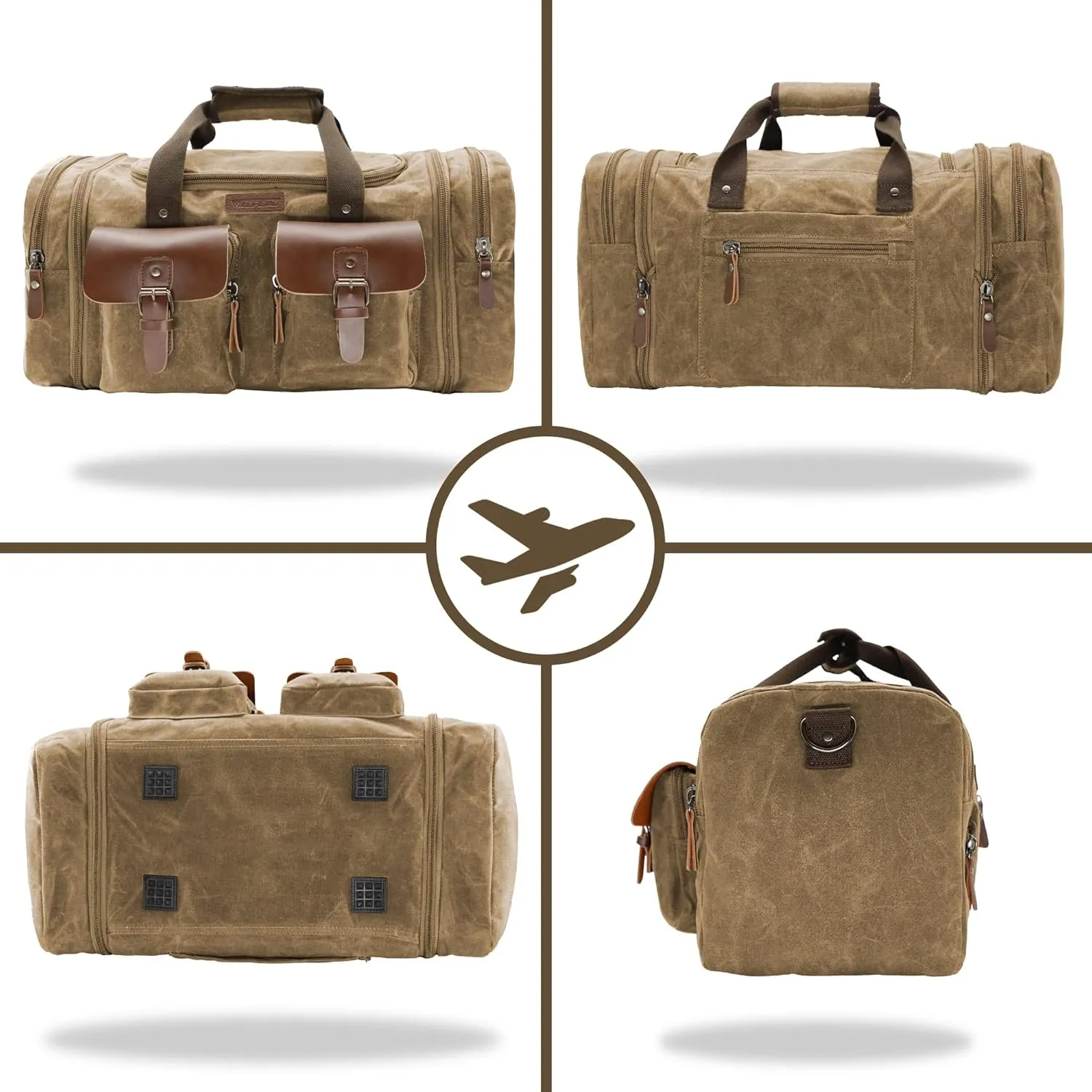 Wildroad Waxed Canvas Genuine Leather 50L Waterproof Duffle Bag - Vintage Travel Weekender Overnight Carry On