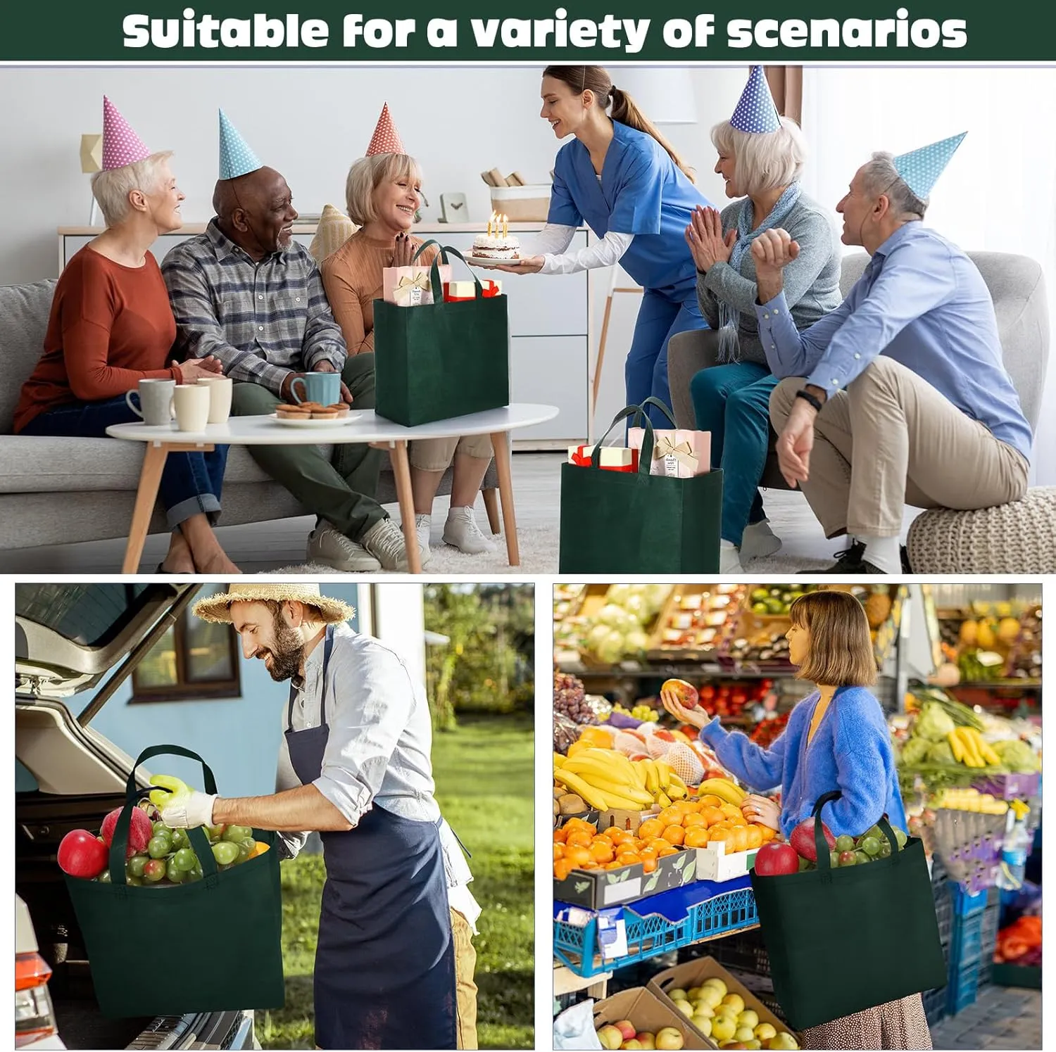 Windyun 200 Pcs Reusable Grocery Bags Large Non Woven Shopping Bags Foldable Portable Tote Carryall Bulk(Dark Green,12.6 x 11.8 x 6.3 Inches)