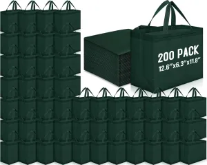 Windyun 200 Pcs Reusable Grocery Bags Large Non Woven Shopping Bags Foldable Portable Tote Carryall Bulk(Dark Green,12.6 x 11.8 x 6.3 Inches)