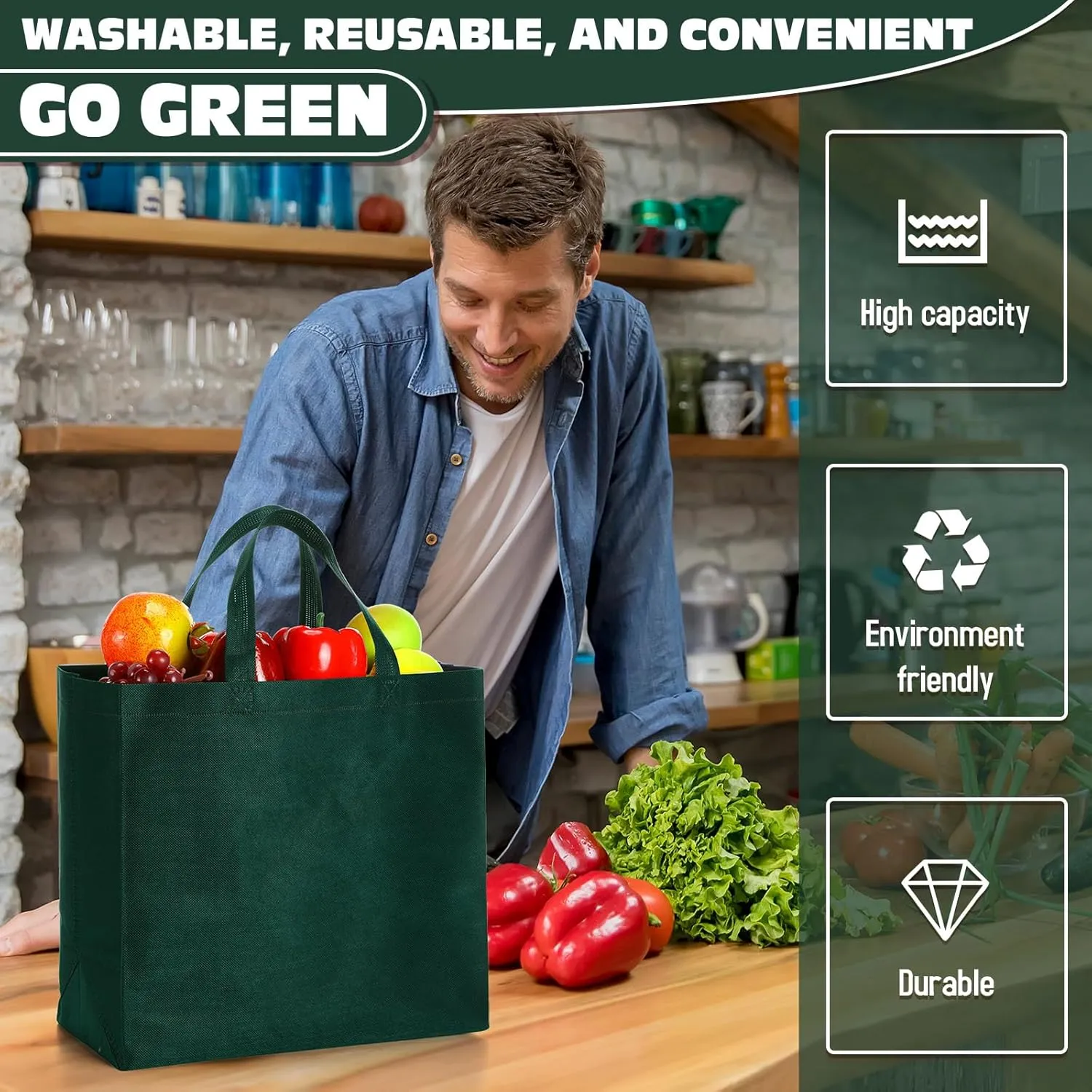 Windyun 200 Pcs Reusable Grocery Bags Large Non Woven Shopping Bags Foldable Portable Tote Carryall Bulk(Dark Green,12.6 x 11.8 x 6.3 Inches)