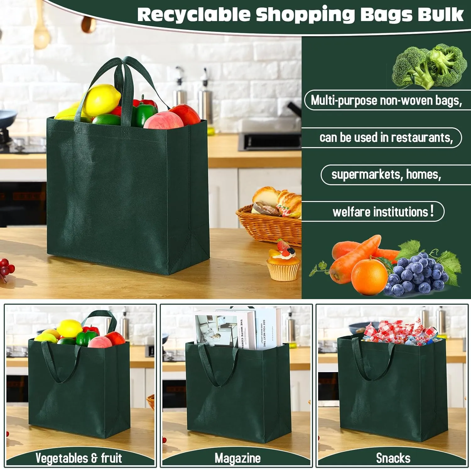 Windyun 200 Pcs Reusable Grocery Bags Large Non Woven Shopping Bags Foldable Portable Tote Carryall Bulk(Dark Green,12.6 x 11.8 x 6.3 Inches)