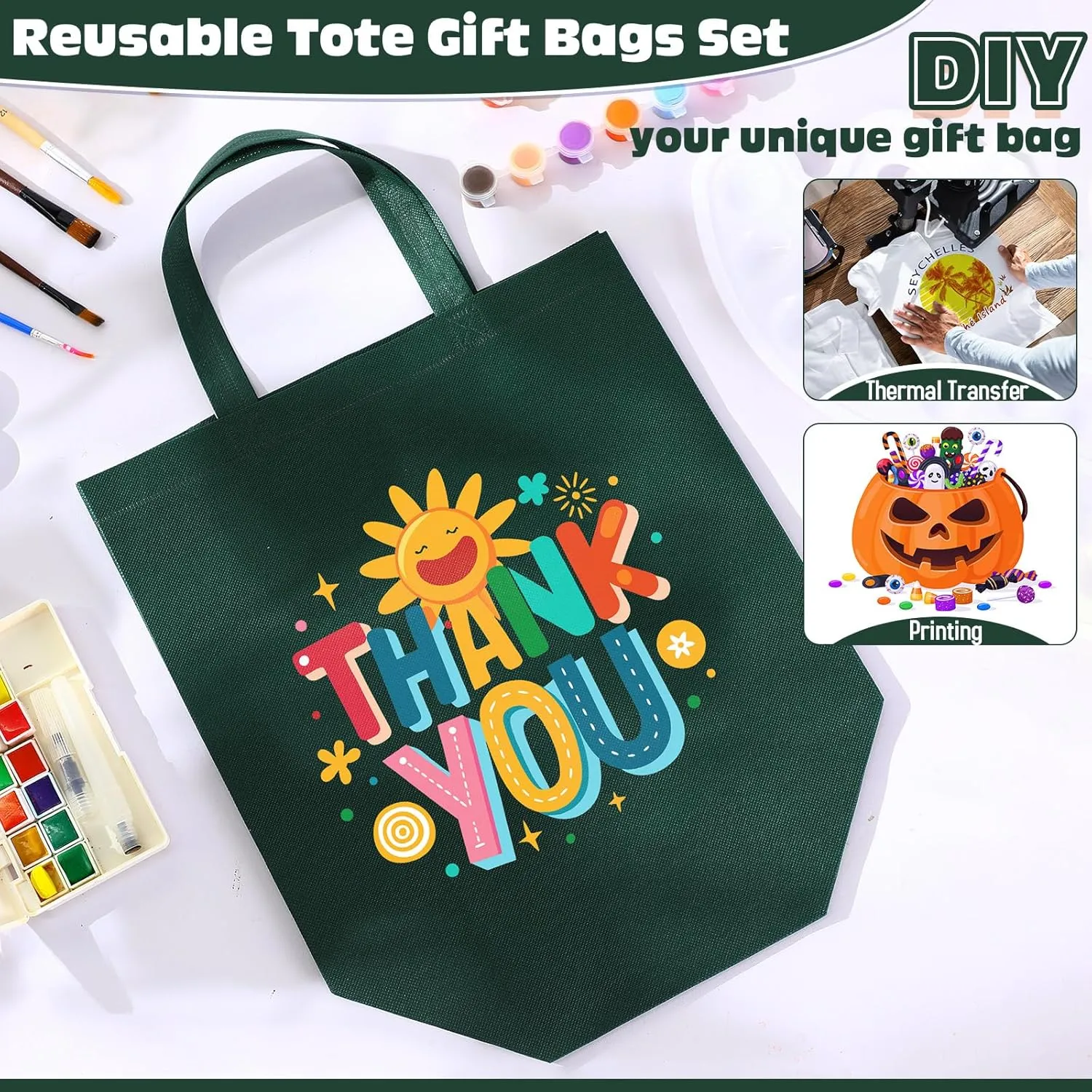 Windyun 200 Pcs Reusable Grocery Bags Large Non Woven Shopping Bags Foldable Portable Tote Carryall Bulk(Dark Green,12.6 x 11.8 x 6.3 Inches)