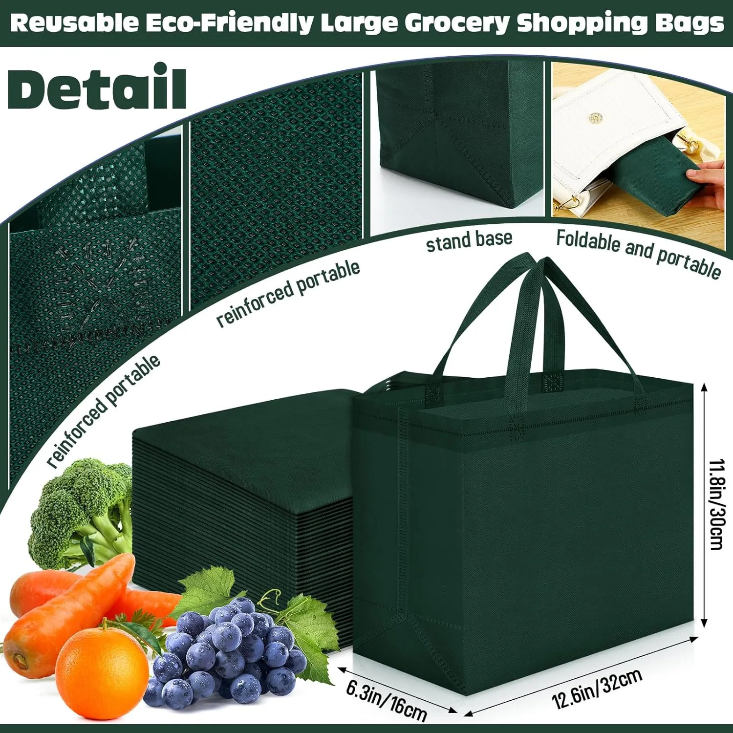Windyun 200 Pcs Reusable Grocery Bags Large Non Woven Shopping Bags Foldable Portable Tote Carryall Bulk(Dark Green,12.6 x 11.8 x 6.3 Inches)