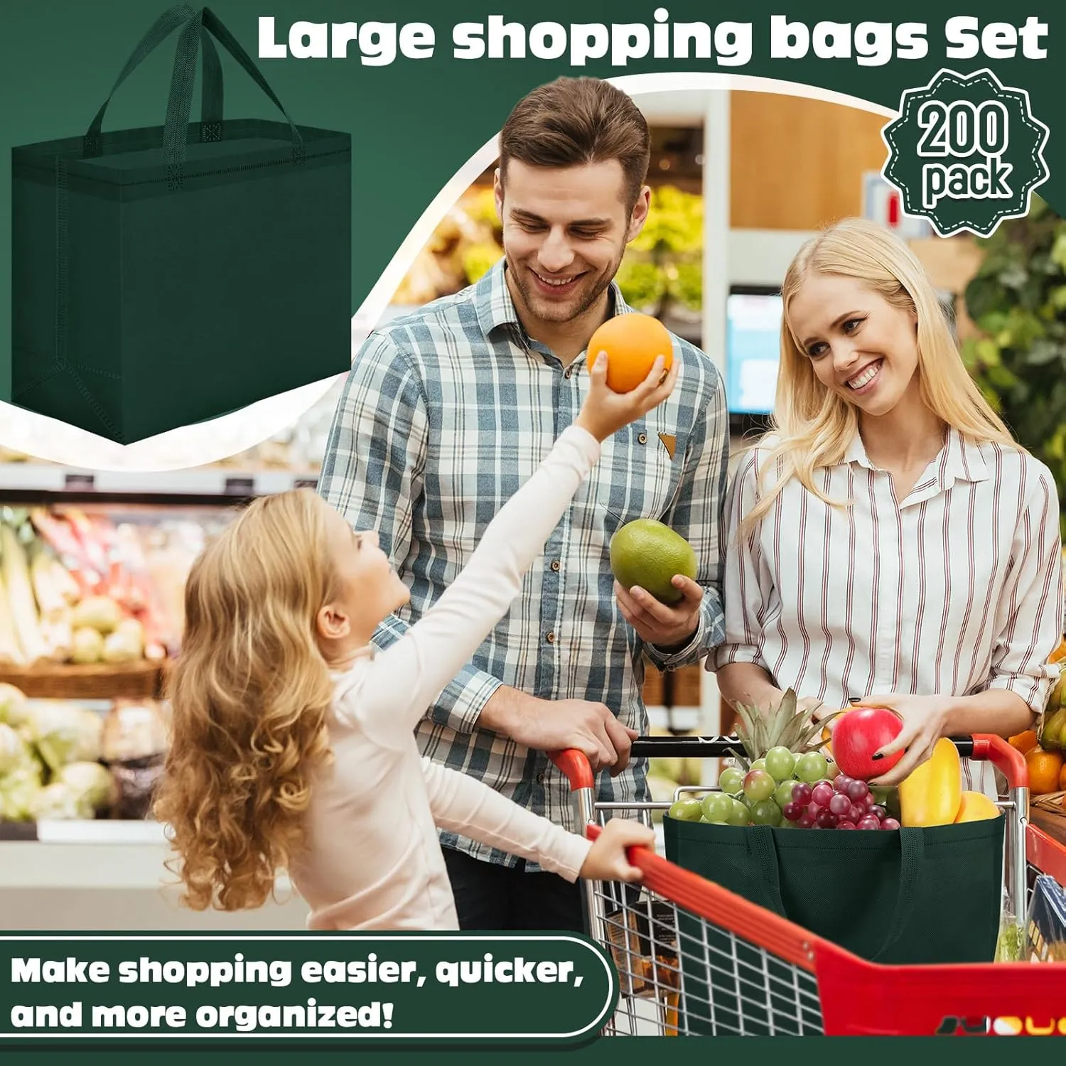 Windyun 200 Pcs Reusable Grocery Bags Large Non Woven Shopping Bags Foldable Portable Tote Carryall Bulk(Dark Green,12.6 x 11.8 x 6.3 Inches)