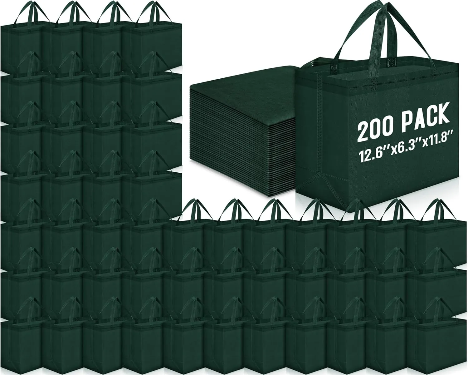 Windyun 200 Pcs Reusable Grocery Bags Large Non Woven Shopping Bags Foldable Portable Tote Carryall Bulk(Dark Green,12.6 x 11.8 x 6.3 Inches)