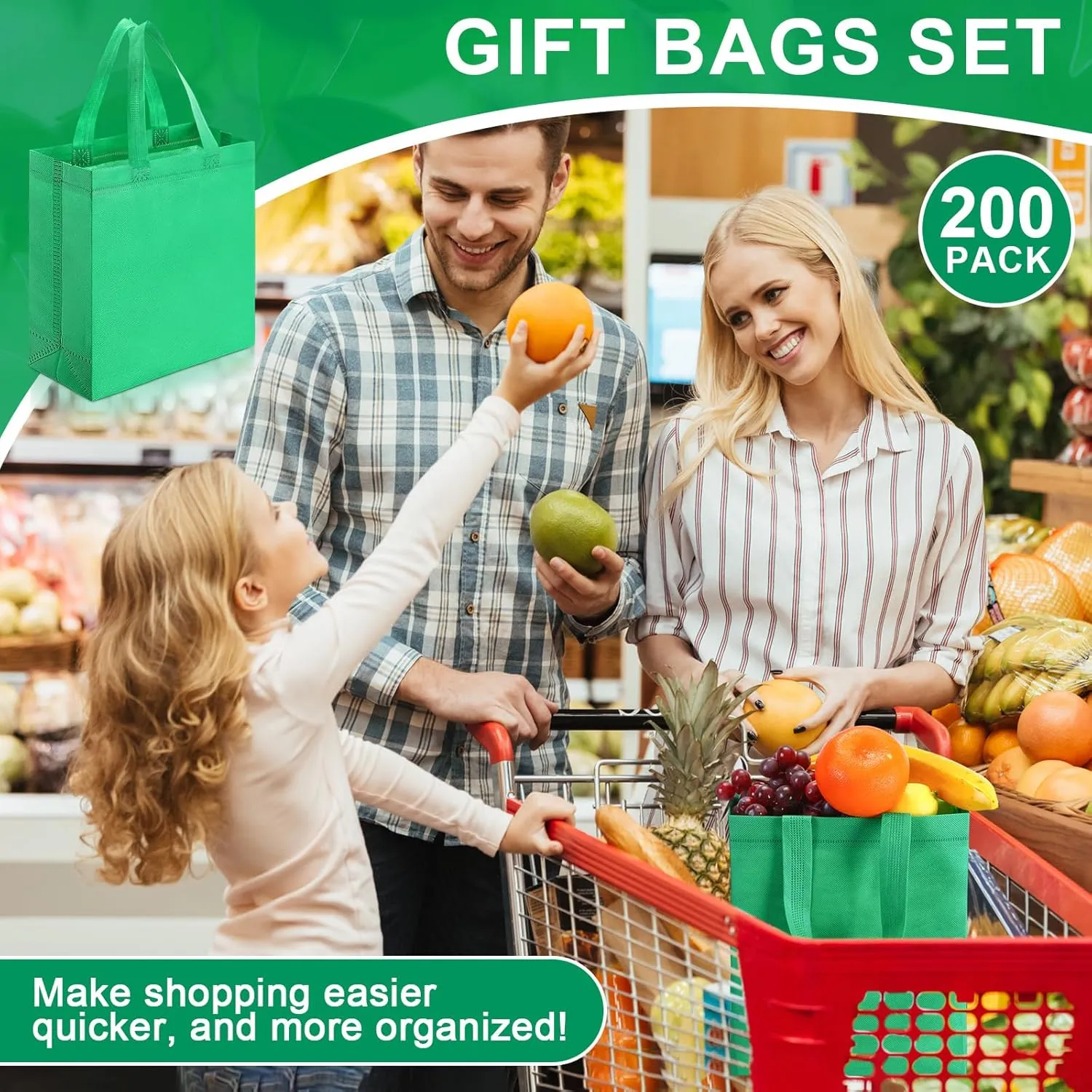 Windyun 200 Pcs Reusable Tote Bag Bulk Non Woven Shopping Bag with Handle Reusable Grocery gift Tote