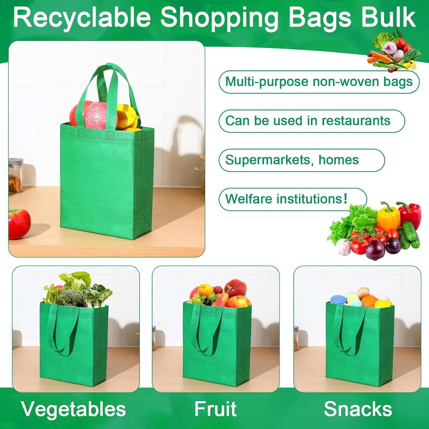 Windyun 200 Pcs Reusable Tote Bag Bulk Non Woven Shopping Bag with Handle Reusable Grocery gift Tote