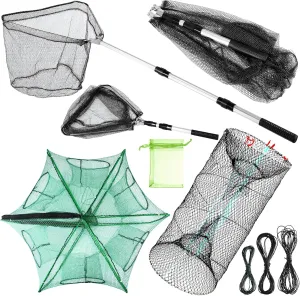 Windyun 3 Pcs Foldable Fishing Net Landing Net with Telescoping Pole Handle Collapsible Crab Trap Hexagon Fishing Bait Trap with Rope and Lure Bag for Crab Crayfish Shrimp
