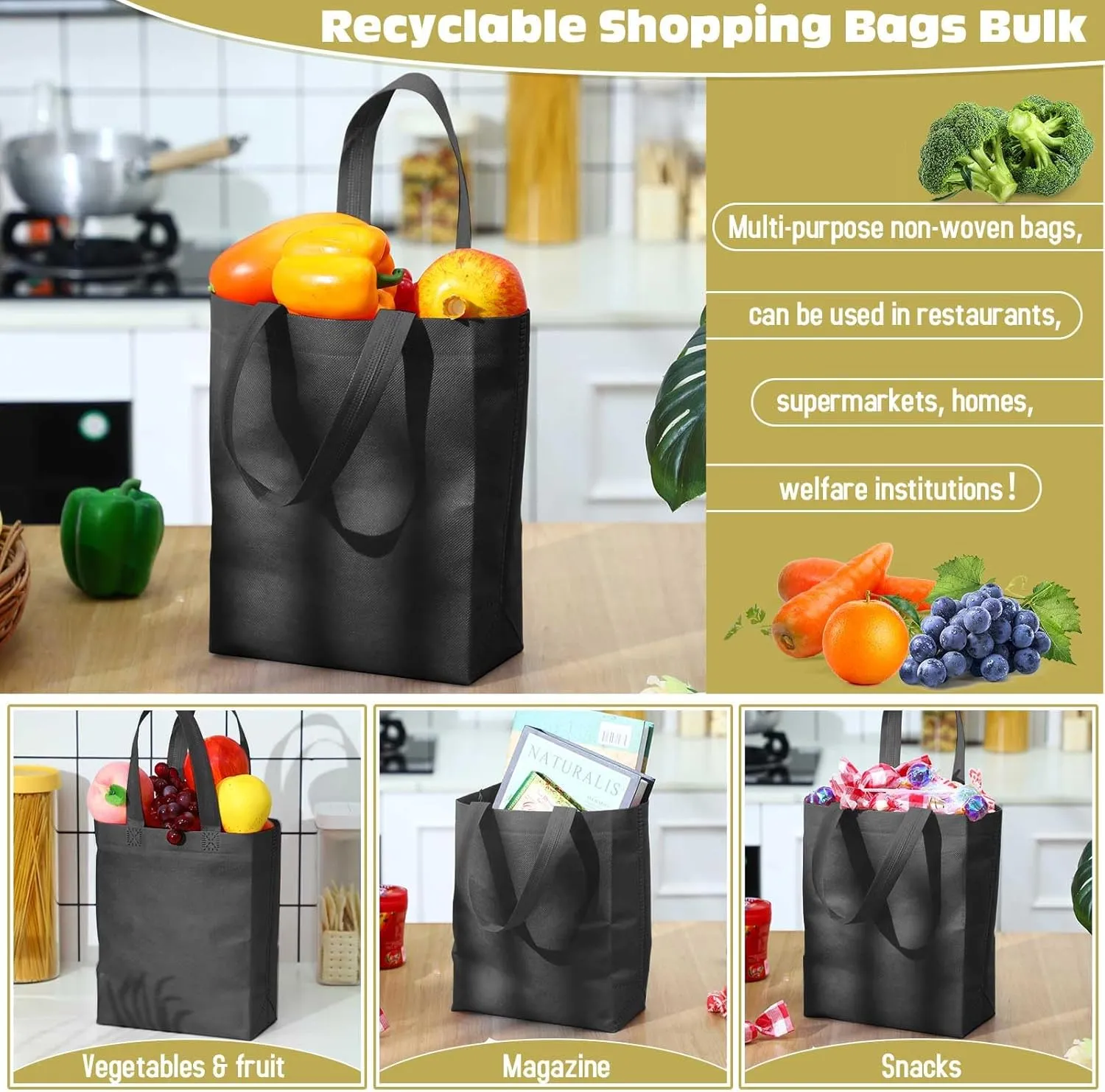 Windyun 50 Pieces Reusable Tote Bags Bulk Non Woven Grocery Tote with Handles Reusable Shopping Bags for Party