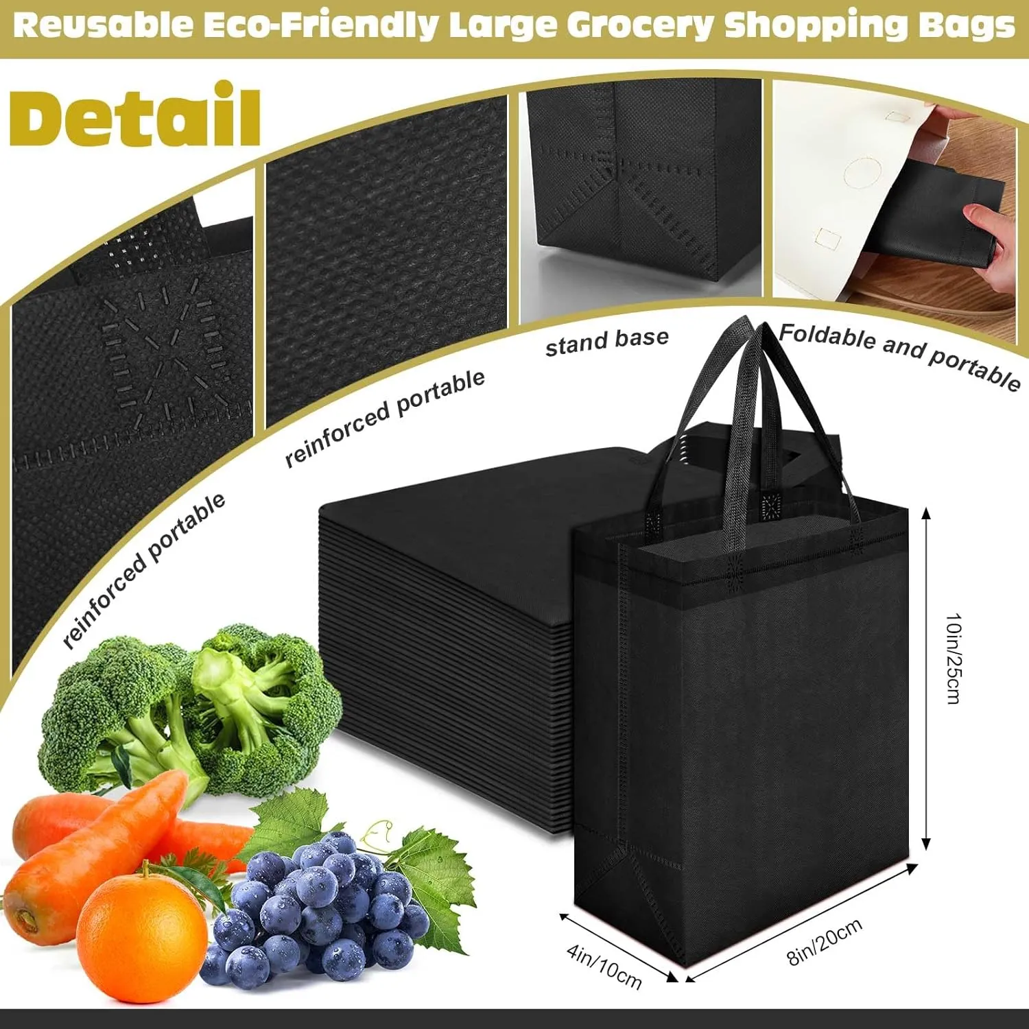 Windyun 50 Pieces Reusable Tote Bags Bulk Non Woven Grocery Tote with Handles Reusable Shopping Bags for Party