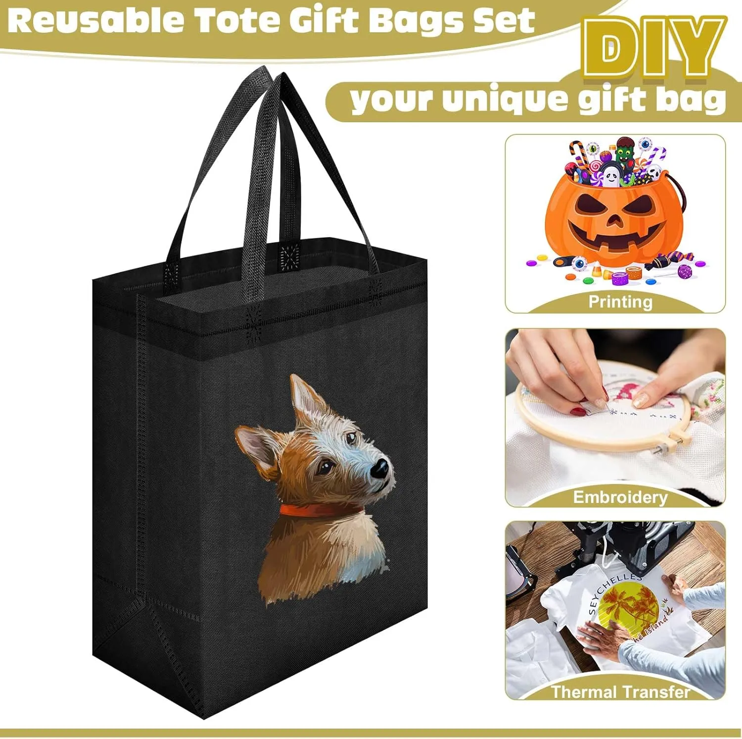 Windyun 50 Pieces Reusable Tote Bags Bulk Non Woven Grocery Tote with Handles Reusable Shopping Bags for Party