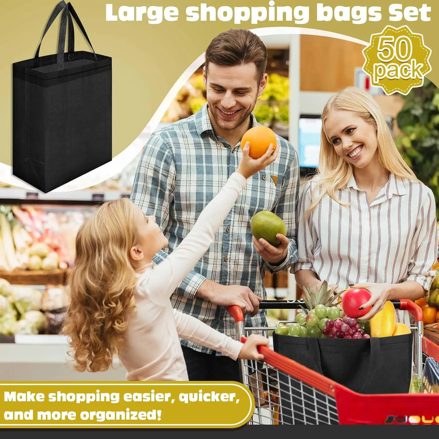 Windyun 50 Pieces Reusable Tote Bags Bulk Non Woven Grocery Tote with Handles Reusable Shopping Bags for Party