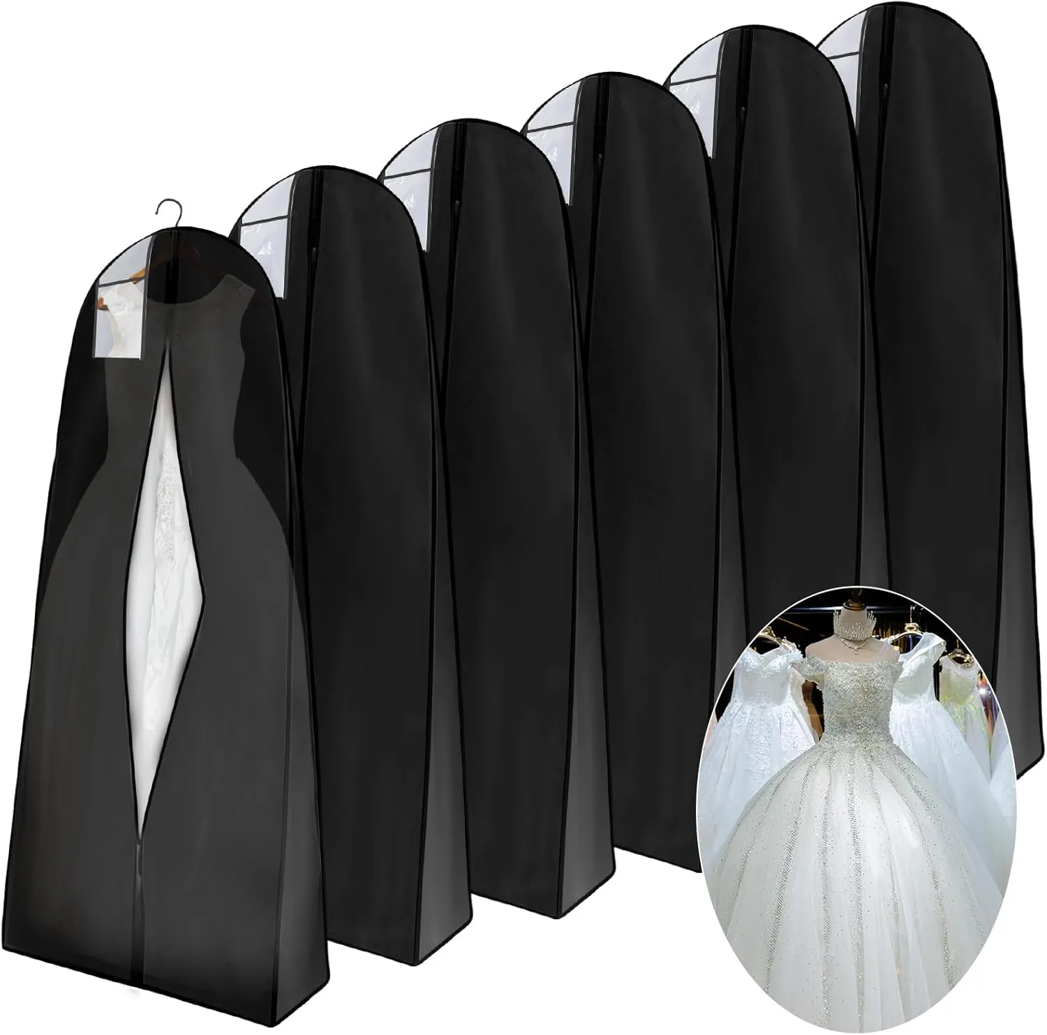 Windyun 6 Pack Wedding Dress Garment Bags 71'' Dress Bags for Gowns Long with 9" Gusseted for Travel Hanging Clothes Storage (Black)