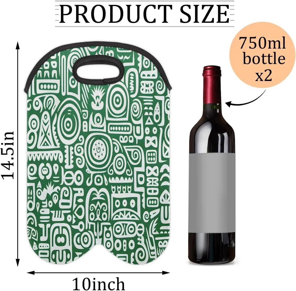 Wine Carrier Tote Bag for 2 Bottles Green Geometric Abstraction Insulated Wine Cooler Bag Neoprene Wine Holder Tote Hand Bag with Carry Handle Leakproof Housewarming Wine Protective Bag