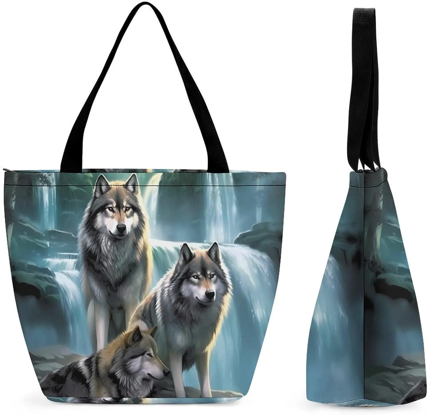 Wolf Sunrise Waterfall Women Tote Bag Casual Shoulder Bag Travel Shopping Handbags for Work Travel Fashion Gifts