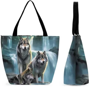 Wolf Sunrise Waterfall Women Tote Bag Casual Shoulder Bag Travel Shopping Handbags for Work Travel Fashion Gifts