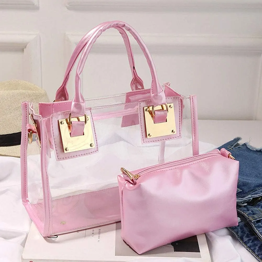 Women 2 Pcs Small Clear Tote Beach Shoulder Top-handle Bag PVC Transparent Satchel Handbag Purse