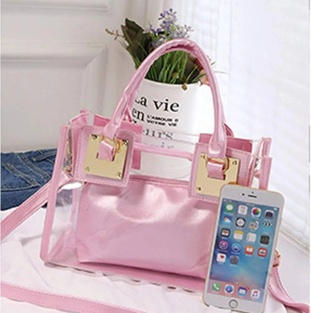 Women 2 Pcs Small Clear Tote Beach Shoulder Top-handle Bag PVC Transparent Satchel Handbag Purse