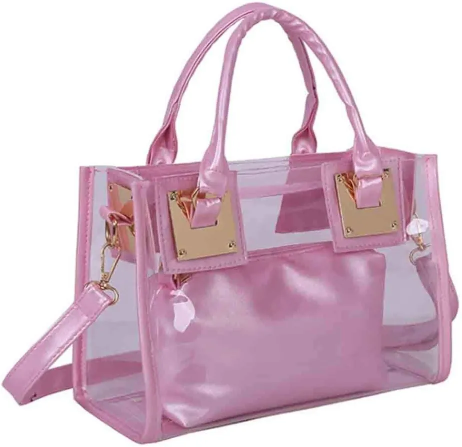 Women 2 Pcs Small Clear Tote Beach Shoulder Top-handle Bag PVC Transparent Satchel Handbag Purse