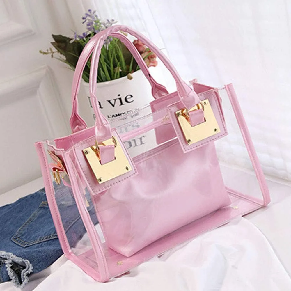 Women 2 Pcs Small Clear Tote Beach Shoulder Top-handle Bag PVC Transparent Satchel Handbag Purse