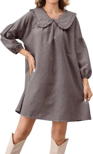 Women Babydoll Plaid Dress 3/4 Puff Sleeve Mini Dress Ruffle Collar Gingham Dress Loose Y2K Short Dress Cute Dresses