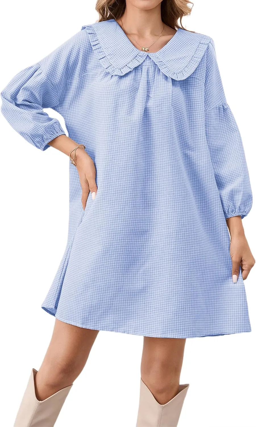Women Babydoll Plaid Dress 3/4 Puff Sleeve Mini Dress Ruffle Collar Gingham Dress Loose Y2K Short Dress Cute Dresses