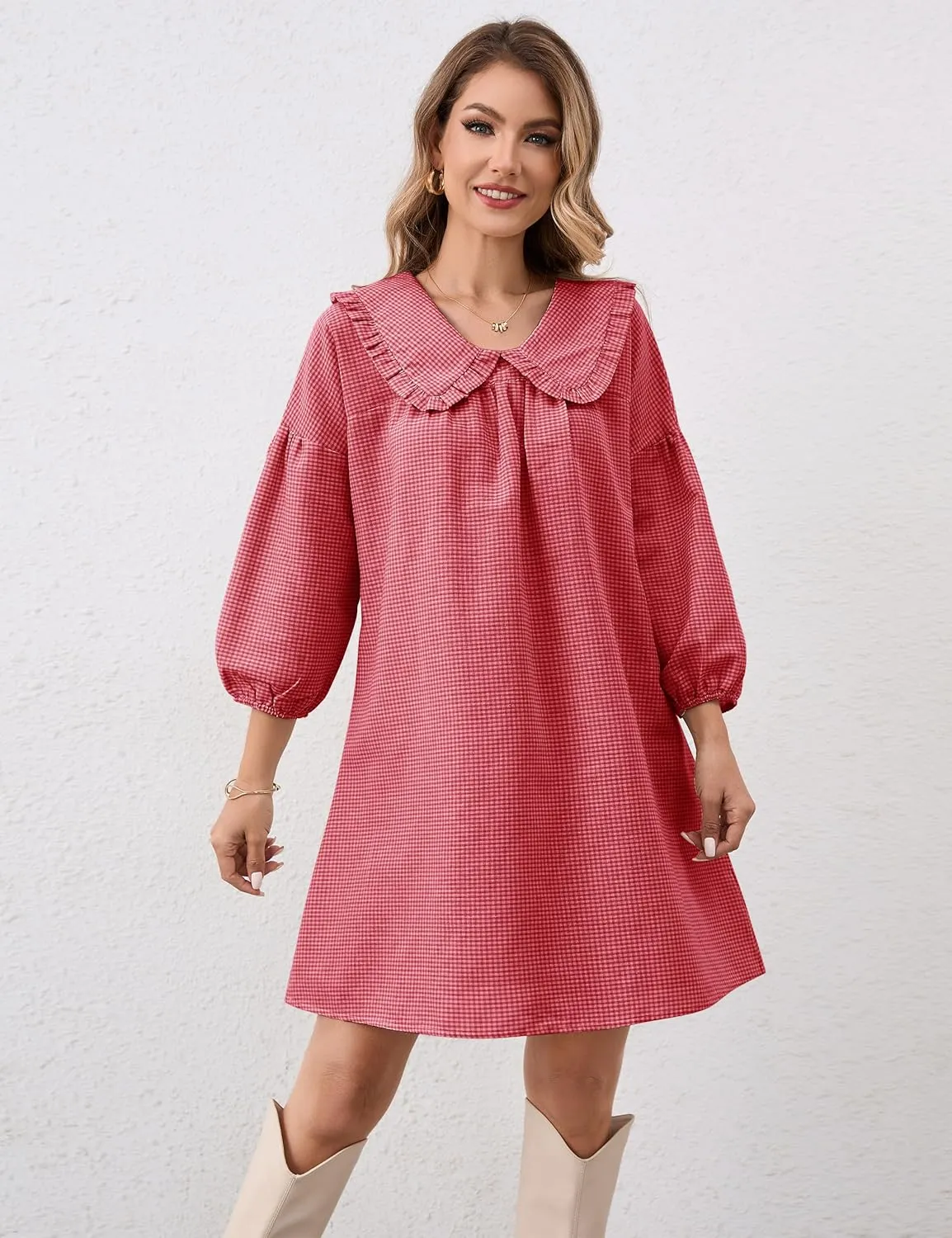 Women Babydoll Plaid Dress 3/4 Puff Sleeve Mini Dress Ruffle Collar Gingham Dress Loose Y2K Short Dress Cute Dresses