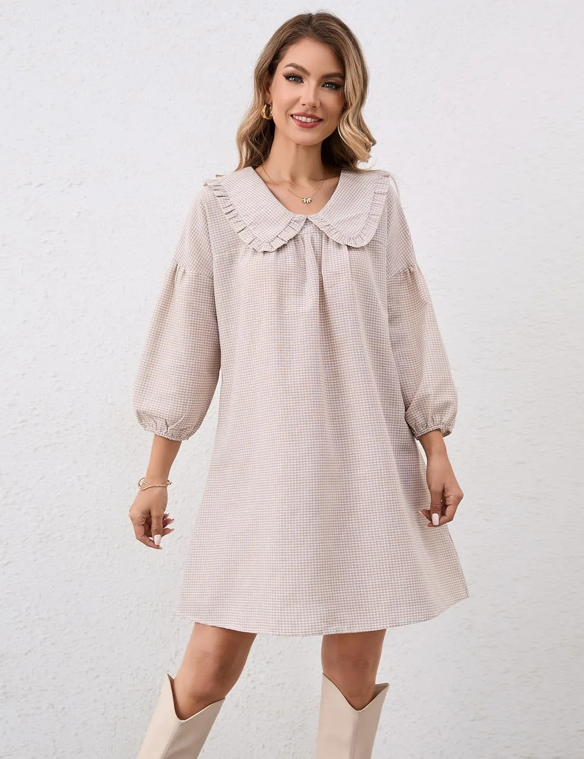 Women Babydoll Plaid Dress 3/4 Puff Sleeve Mini Dress Ruffle Collar Gingham Dress Loose Y2K Short Dress Cute Dresses