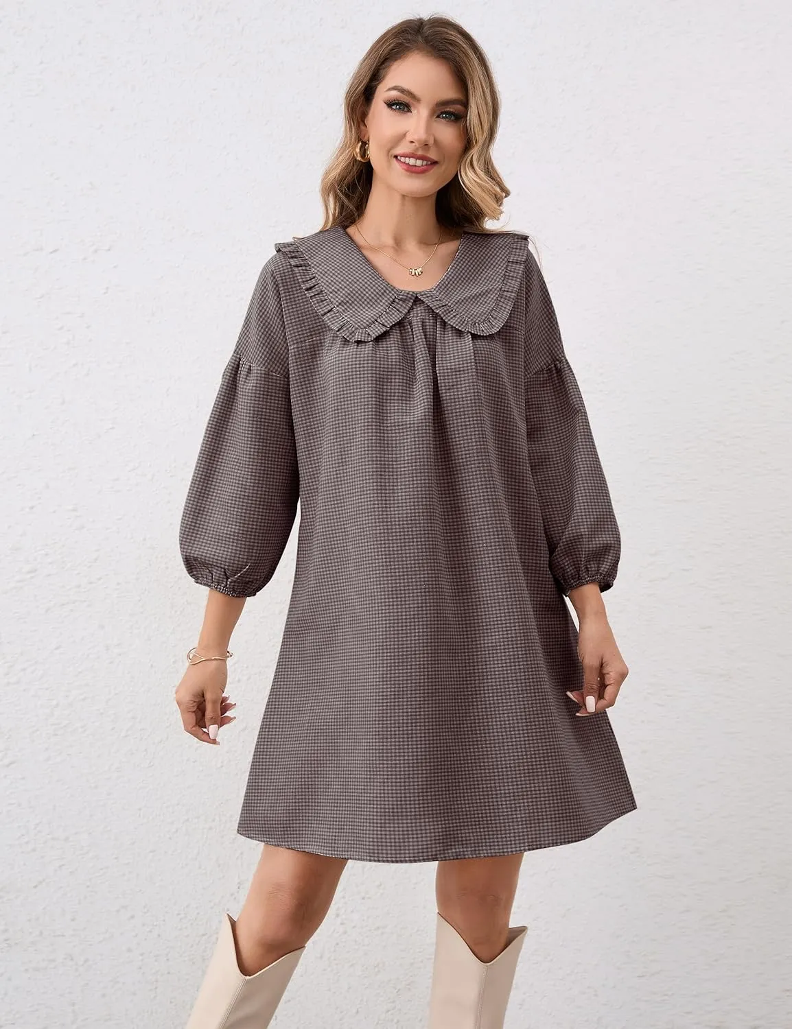 Women Babydoll Plaid Dress 3/4 Puff Sleeve Mini Dress Ruffle Collar Gingham Dress Loose Y2K Short Dress Cute Dresses