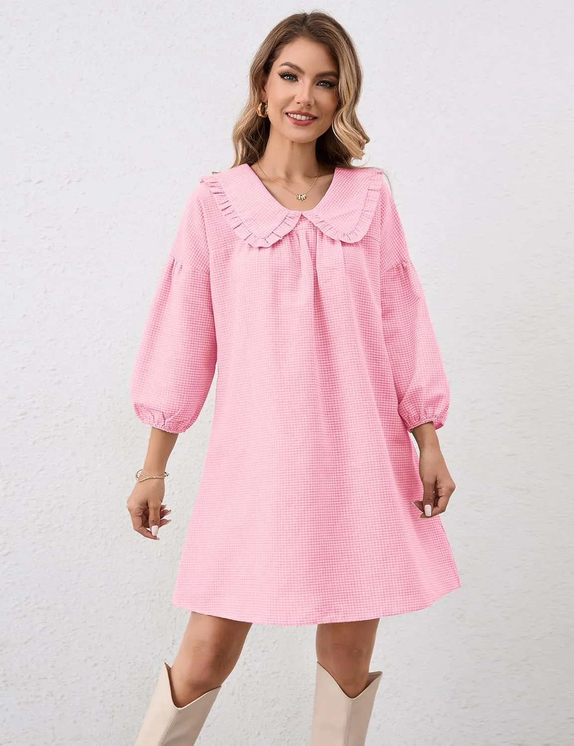 Women Babydoll Plaid Dress 3/4 Puff Sleeve Mini Dress Ruffle Collar Gingham Dress Loose Y2K Short Dress Cute Dresses