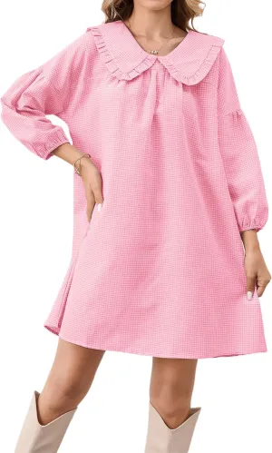 Women Babydoll Plaid Dress 3/4 Puff Sleeve Mini Dress Ruffle Collar Gingham Dress Loose Y2K Short Dress Cute Dresses