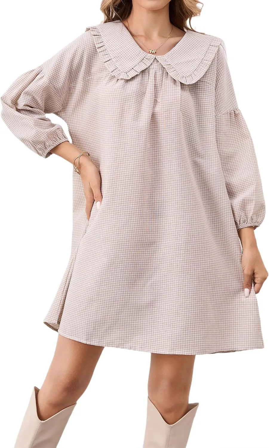 Women Babydoll Plaid Dress 3/4 Puff Sleeve Mini Dress Ruffle Collar Gingham Dress Loose Y2K Short Dress Cute Dresses