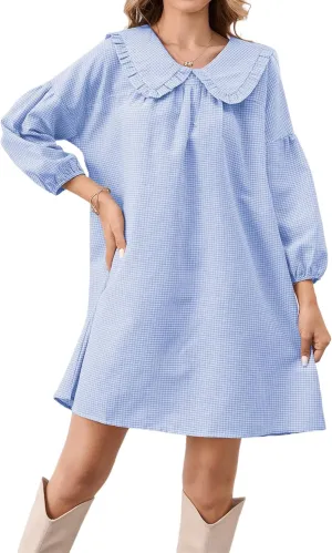 Women Babydoll Plaid Dress 3/4 Puff Sleeve Mini Dress Ruffle Collar Gingham Dress Loose Y2K Short Dress Cute Dresses